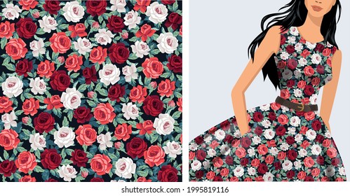 Seamless vector vintage floral pattern for gift wrap, fabric, cover and interior design with flowers. And example of usage with mock up pattern. Red and white roses 