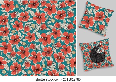 Seamless vector vintage floral pattern for gift wrap, fabric, cover and interior design with flowers. And example of usage with mock up pattern. Red retro flowers