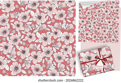 Patrón vectorial vintage de flores sin foco para envoltura de regalo, tela, cubierta y diseño interior con flores. Y un ejemplo de uso con un modelo burlón. Flores retro rosadas