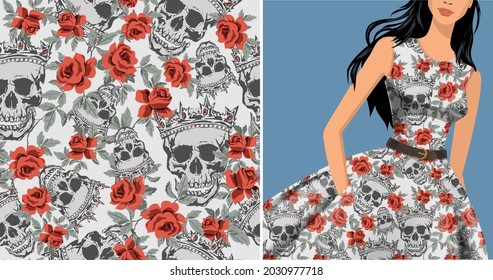 Seamless vector vintage floral pattern for gift wrap, fabric, cover and interior design. Red roses and grunge  crowned human skulls