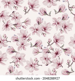 Seamless vector vintage floral pattern for gift wrap, fabric, cover and interior design with flowers.  Magnolia flowers and leaves