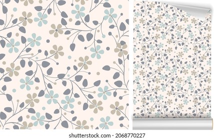 Patrón vectorial vintage de flores sin foco para envoltura de regalo, tela, cubierta y diseño interior con flores. Y un ejemplo de uso con un modelo burlón. Flores de estilo retro