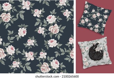 Seamless vector vintage floral pattern for gift wrap, fabric, cover and interior design with flowers. And example of usage with mock up pattern. Retro style rose pink flowers