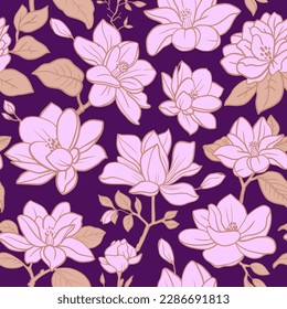 Seamless vector vintage floral pattern for gift wrap, fabric, cover and interior design with flowers. Magnolia branches with flowers and leaves