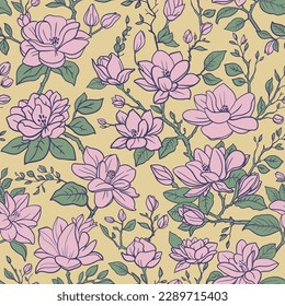 Seamless vector vintage floral pattern for gift wrap, fabric, cover and interior design with flowers. Magnolia branches with flowers and leaves