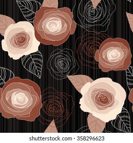 Seamless vector vintage pale withered roses pattern on black background