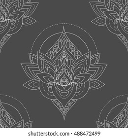 Seamless vector vintage pattern with abstract lotus illustrations. Decorative floral grey pattern