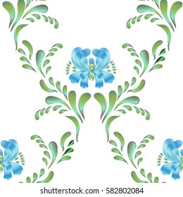 Seamless vector vintage pattern with blue flowers on a white background.
