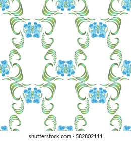 Seamless vector vintage pattern with blue flowers on a white background.
