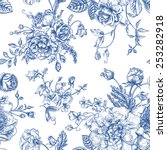 Seamless vector vintage pattern with bouquet of blue flowers on a white background. Peonies, roses, sweet peas, bell. Monochrome.