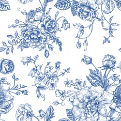 Seamless Vector Vintage Pattern With Bouquet Of Blue Flowers On A White Background. Peonies, Roses, Sweet Peas, Bell. Monochrome.