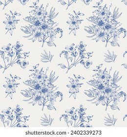 Vintage vectorial sin foco con flores ramo de azul clematis sobre un beige. Elementos dibujados a mano Monocromo. Elegante fondo floral para el diseño