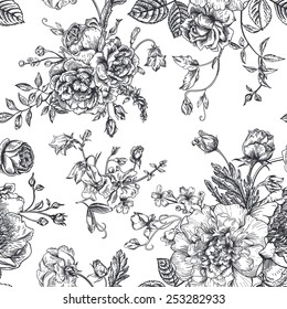 Seamless vector vintage pattern with bouquet of black flowers on a white background. Peonies, roses, sweet peas, bell. Monochrome.