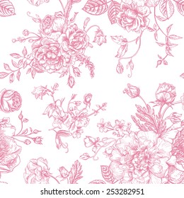 Seamless vector vintage pattern with bouquet of pink flowers on a white background. Peonies, roses, sweet peas, bell.  Monochrome.