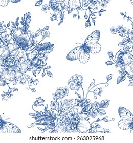 Seamless vector vintage pattern with bouquet of blue flowers on a white background. Peonies, roses, sweet peas, bell. Monochrome.