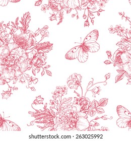 Seamless vector vintage pattern with bouquet of pink flowers on a white background. Peonies, roses, sweet peas, bell. Monochrome.