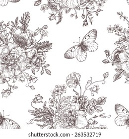 Seamless vector vintage pattern with bouquet of black flowers on a white background. Peonies, roses, sweet peas, bell. Monochrome.