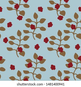 A seamless vector vintage pattern with branches of roses on pale blue background. Surface print design.
