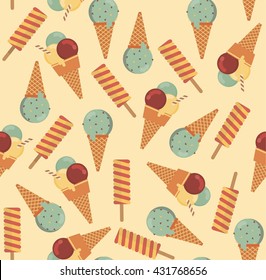 Seamless vector vintage pattern with colorful ice cream. For cards, invitations, wedding or baby shower albums, backgrounds, arts and scrapbooks