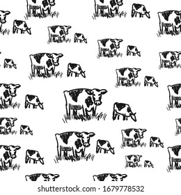 Seamless vector vintage pattern with cows on the glade. Retro hand drawn illustration. Farm animals. Logotype.