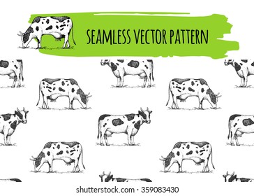 Seamless vector vintage pattern with cows on the glade. Retro hand drawn  illustration. Farm animals. Logotype. 