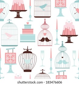 Seamless vector vintage pattern with decorative wedding design elements isolated on white