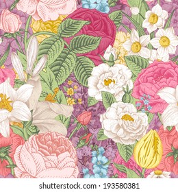 Seamless vector vintage pattern with garden colorful flowers. Roses, tulips, delphinium, lilac, daffodil, lily.