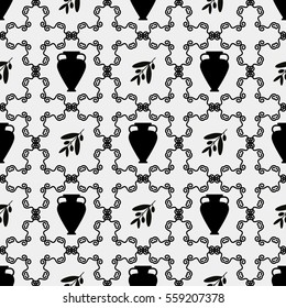 Seamless vector vintage pattern with greek amphora and olive brunch. Endless monochrome background with ancient urn
