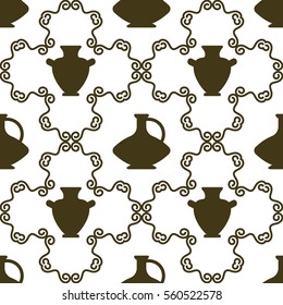 Seamless vector vintage pattern with greek amphora for olive oil and jug with wine . Endless background with ancient urns. Texture for menu, warp, textile