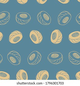 Seamless vector vintage pattern. Retro melon, antipasti, rosemary, antipasto, prosciutto, olives, herbs. Pattern vor print, deco, cooking. Vintage background blue, nude, red for wallpaper, surface