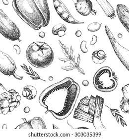 Seamless Vector Vintage Pattern With Vegetables. Black And White Illustration In The Style Of Engravings. Healthy Vegetarian Food.