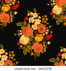 Seamless vector vintage pattern with Victorian bouquet of colorful flowers on a black background. Coral roses, red tulips, yellow delphinium with green leaves.