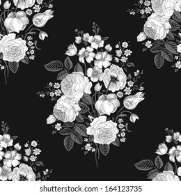 Seamless vector vintage pattern with Victorian bouquet of white flowers on a black background. White roses, tulips, delphinium with gray leaves. 