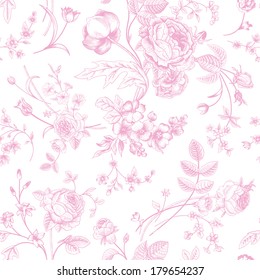 Seamless vector vintage pattern with Victorian bouquet of pink flowers on a white background. Garden roses, tulips, delphinium, petunia. 