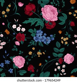Diseño vectorial sin inconvenientes con un ramo victoriano de flores coloridas sobre un fondo negro. rosas rosas, tulipanes, delfino azul con hojas esmeraldas.