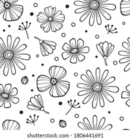 Seamless vector vintage pattern with Victorian bouquet of black flowers on a white background. Garden roses, tulips, delphinium, petunia. Monochrome