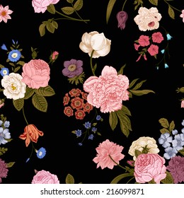 Seamless vector vintage pattern with Victorian bouquet of vivid flowers on a black background. Coral, yellow roses, tulips, delphinium, petunia with green leaves.
