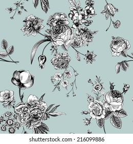 Seamless Vector Vintage Pattern With Victorian Bouquet Of Black And White Flowers On A Mint Background. Garden Roses, Tulips, Delphinium, Petunia. 