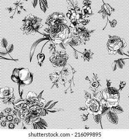 Seamless vector vintage pattern with Victorian bouquet of black flowers on a white background. Garden roses, tulips, delphinium, petunia, anemone. Monochrome. Lace.