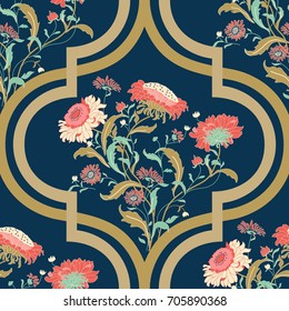 Seamless vector vintage pattern with Victorian bouquet of colorful flowers on a dark background. Seamless damask wallpaper. Hand drawn floral pattern. Vector illustration