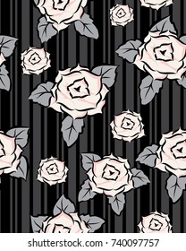 Seamless vector vintage pattern with Victorian bouquet of monochrome flowers on a black stripe background. pastel roses, gray leaves