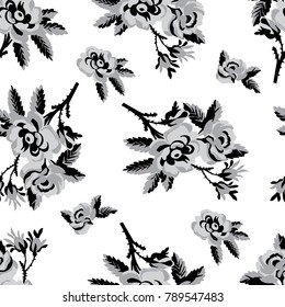 Seamless vector vintage pattern with Victorian bouquet of monochrome flowers on a white background. pastel roses, black leaves.