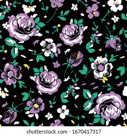 Seamless vector vintage rose pattern with purple, green, yellow flowers with a black background. Great for textiles, apparel and surface pattern design.