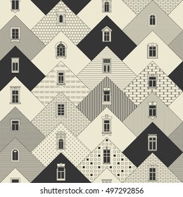 Seamless vector vintage thin line pattern. Stylized triangular facades with different types of hatching with decorative windows.