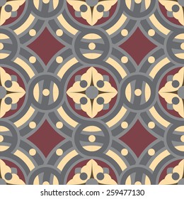 Seamless vector vintage tile background pattern in golden, gray, vinous colors. The main element of mosaic is abstract flower in circles.