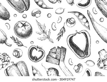 Seamless vector vintage vegetables pattern. Black and white illustration in the style of engravings. Healthy vegetarian food.