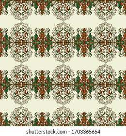 Seamless vector vintage victorian elegant ornamented pattern with floral abstract design elements in green and red palette colours