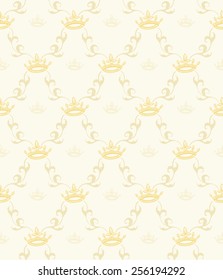 Seamless vector vintage wallpaper pattern with crowns and leaves.