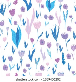 Seamless vector violet and purple and blue pattern. Soft and bright colors. Hand drawn flowers and leafs. Perfect for decorations wrapping paper and textile.