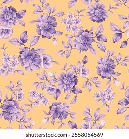 seamless vector violet stock flowers with leaves pattern on mustered background